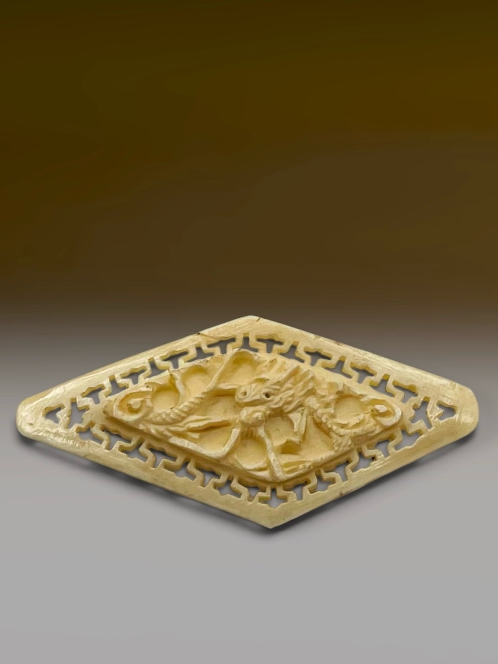 Vintage Celluloid Faux Ivory Carved Asian Openwork Brooch Pin
